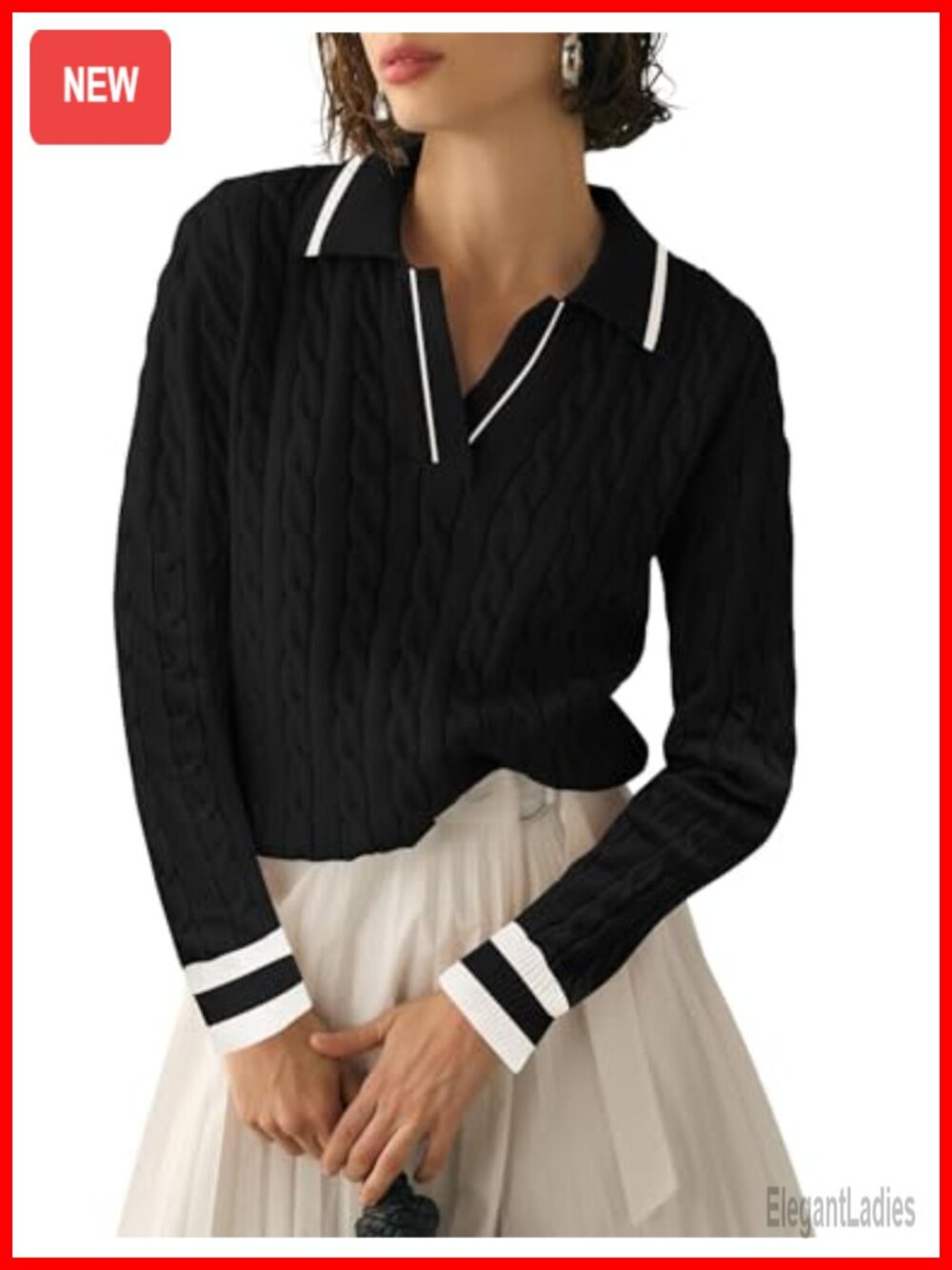 V Neck Cable Knitted Pullover Sweater Long Sleeve Casual Soft Jumper